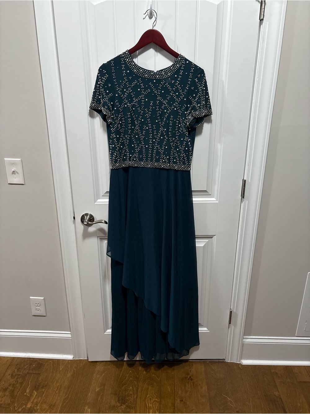 Embellished Dark Teal Maxi Dress with Short Sleeves